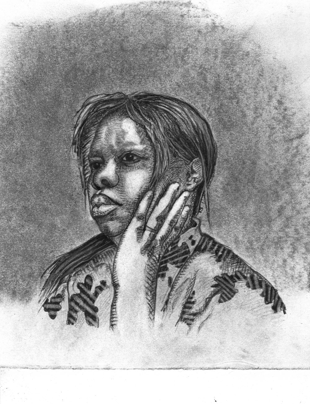 A black and white charcoal drawing of a young woman with her hand on her cheek.