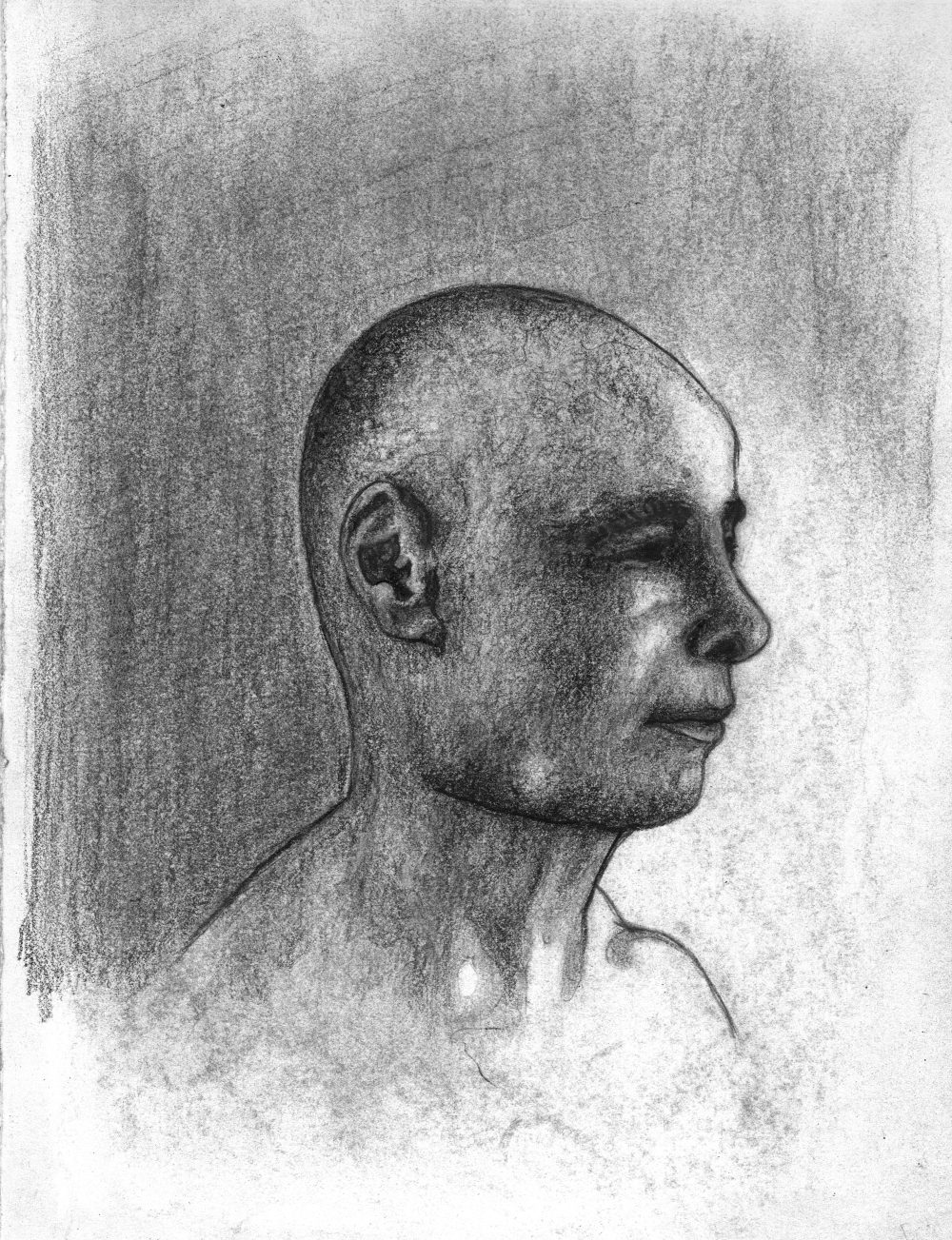 This a a black and white profile view of an older man, from the neck up.