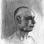 This a a black and white profile view of an older man, from the neck up.