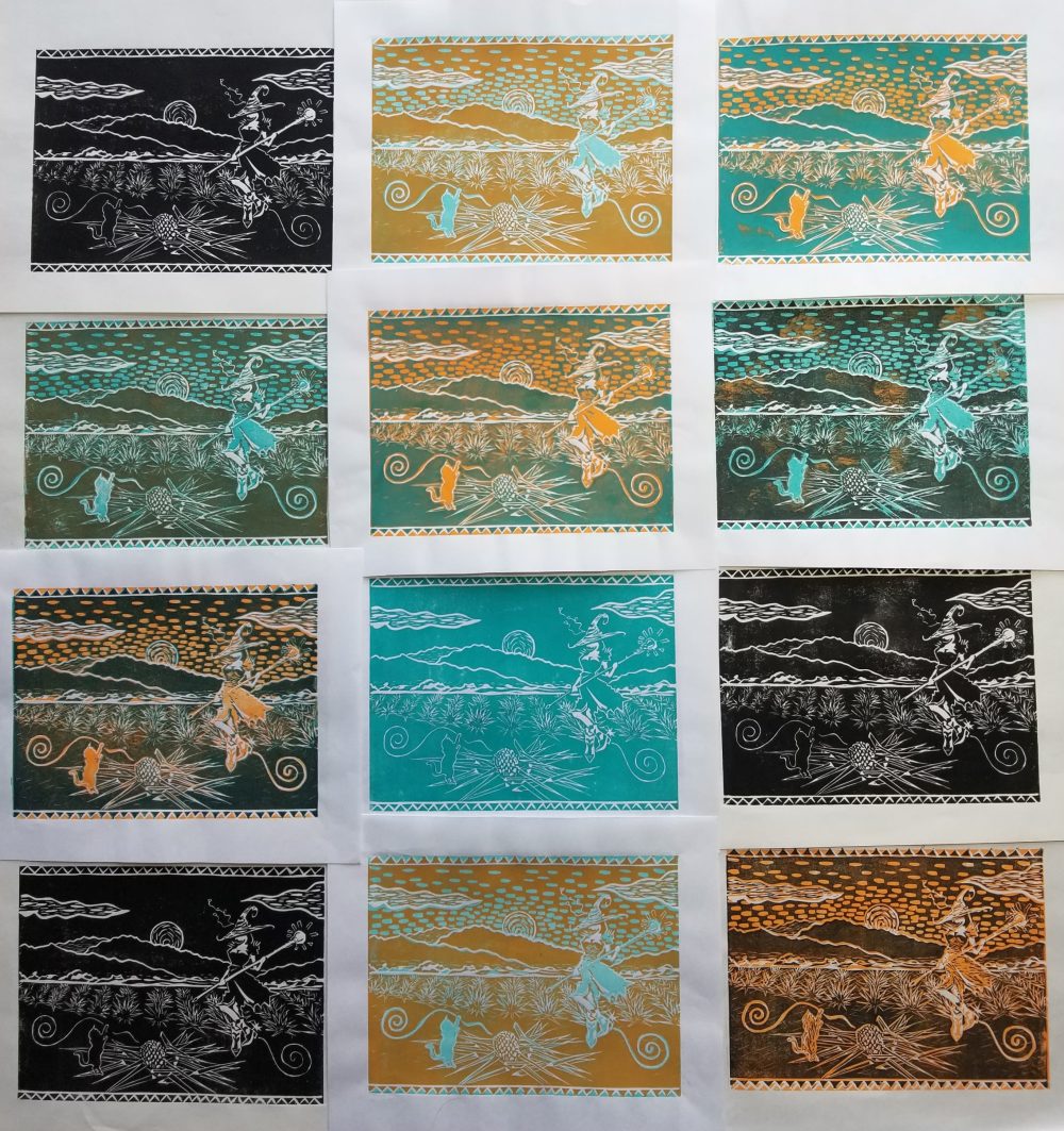 Pictured are twelve prints of varying, layered combinations of turquoise, orange, black, and white depicting a witch in a hat and cowgirl boots holding a staff over a shucked agave plant with her cat jumping up in excitement, while in the background is a field of agave plants, mountains, and textured sky.