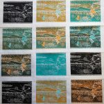 Pictured are twelve prints of varying, layered combinations of turquoise, orange, black, and white depicting a witch in a hat and cowgirl boots holding a staff over a shucked agave plant with her cat jumping up in excitement, while in the background is a field of agave plants, mountains, and textured sky.