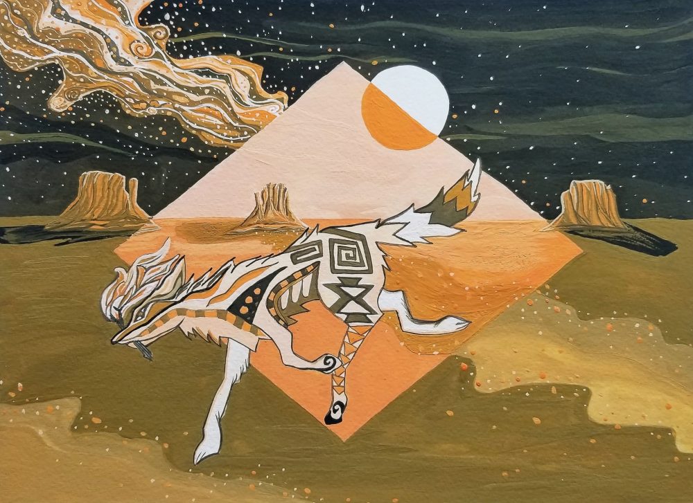 Pictured is a Native American patterned coyote carrying a stick of fire, while crossing over a diamond which delineates the daytime versus the night, with Monument Valley rock formations in the distance in a monochromatic yellow-orange hue.