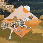 Pictured is a Native American patterned coyote carrying a stick of fire, while crossing over a diamond which delineates the daytime versus the night, with Monument Valley rock formations in the distance in a monochromatic yellow-orange hue.