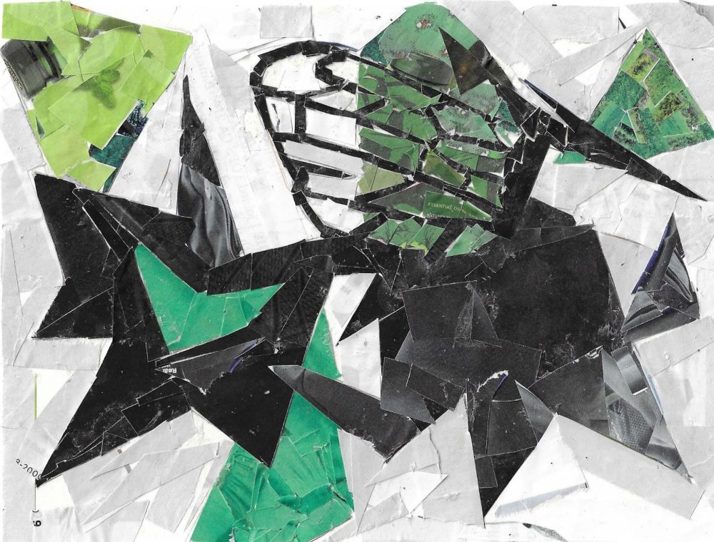 A black mostly abstract figure (shape) in the foreground, part of it being the shape of a bee wing, but also resembles a butterfly. In the background, another wing shape behind the first wing, except it's a solid shape instead of having the lines that are on the first wing. In the background are also green triangle.