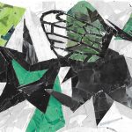 A black mostly abstract figure (shape) in the foreground, part of it being the shape of a bee wing, but also resembles a butterfly. In the background, another wing shape behind the first wing, except it's a solid shape instead of having the lines that are on the first wing. In the background are also green triangle.