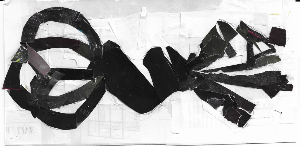 A figure that is loopy on the right side, has a twist shape in the middle, and looks ripped up on the left side.