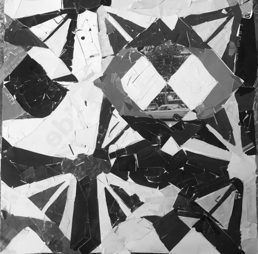 Image has a triangular shaped repeating pattern, but each repeat is different (for example, different in color or different in what part of the shape got repeated). There is also a 50's car in the middle.