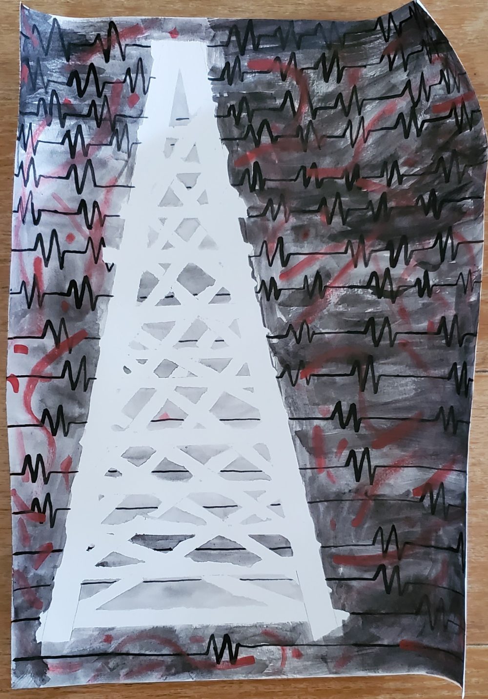 A drawing with a black and gray background with heartbeat vitals, a white tower in the middle, and red paint smeared all over the background.