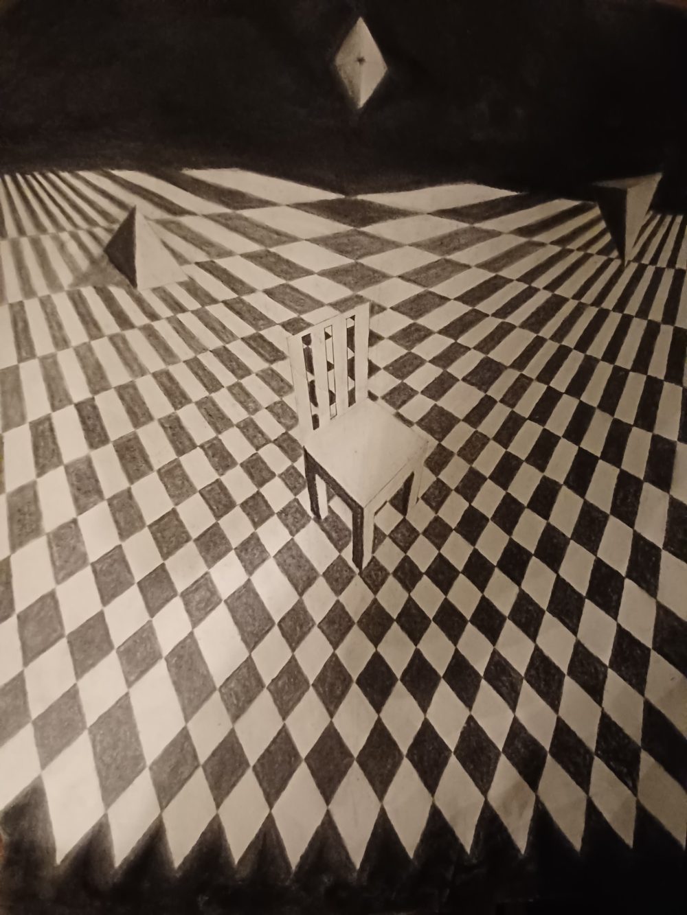 Black and white drawing of a chair in the middle of this squared space, while the geometrical triangles and diamonds flow sacredly around the chair