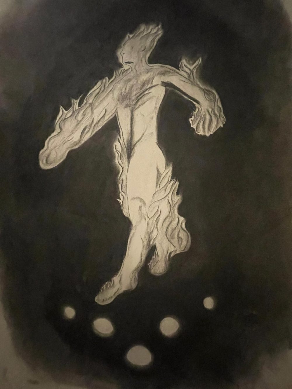 A black and white charcoal drawing of a figure on fire.