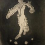 A black and white charcoal drawing of a figure on fire.
