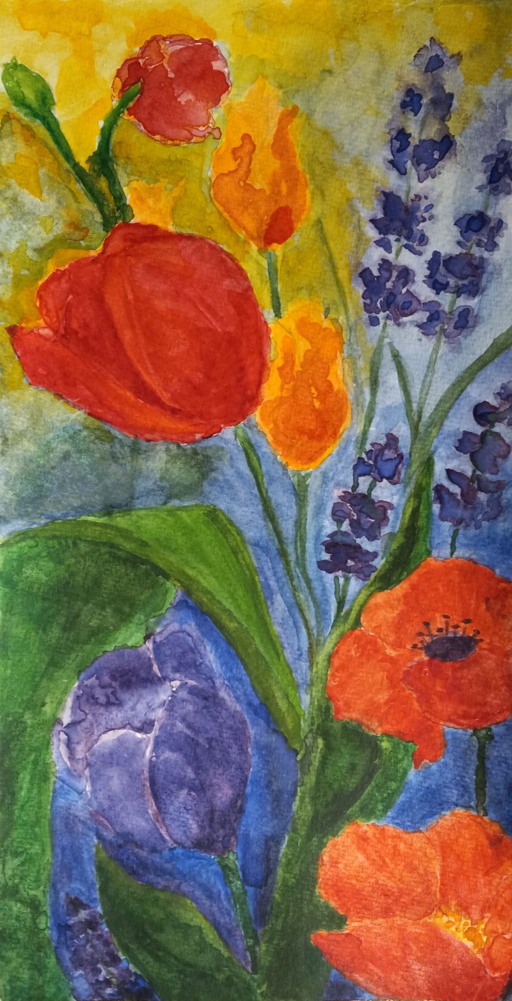 A vertical water color painting of poppies, lavenders, and tulips.
