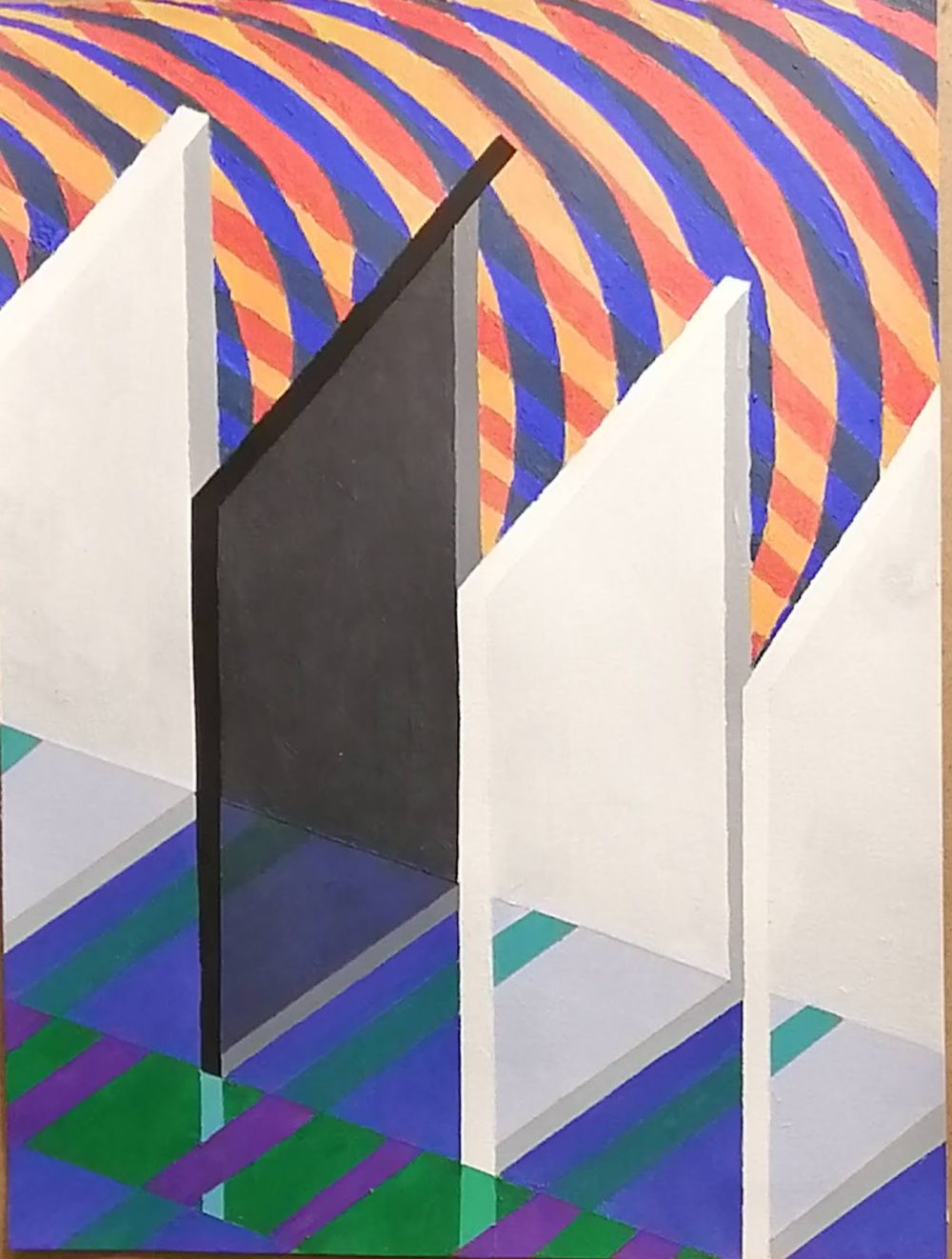 A perspectival image of four transparent planes. One is black and three are white. The background has a colorful curved pattern and the foreground has a colorful gridded pattern.