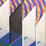 A perspectival image of four transparent planes. One is black and three are white. The background has a colorful curved pattern and the foreground has a colorful gridded pattern.