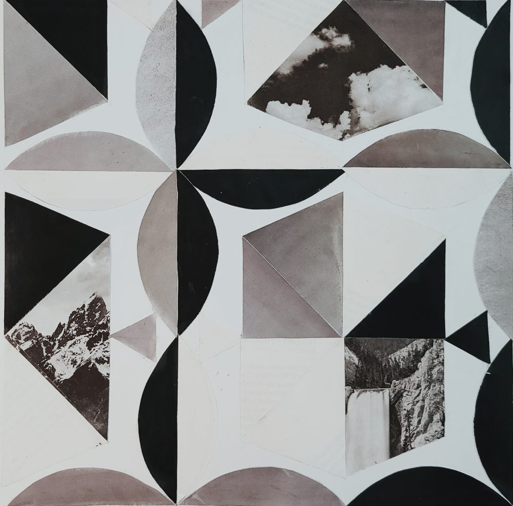 A paper collage of a geometric pattern in black, white, and grey, with three black and white found images of clouds, a mountain range, and a waterfall.