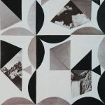 A paper collage of a geometric pattern in black, white, and grey, with three black and white found images of clouds, a mountain range, and a waterfall.
