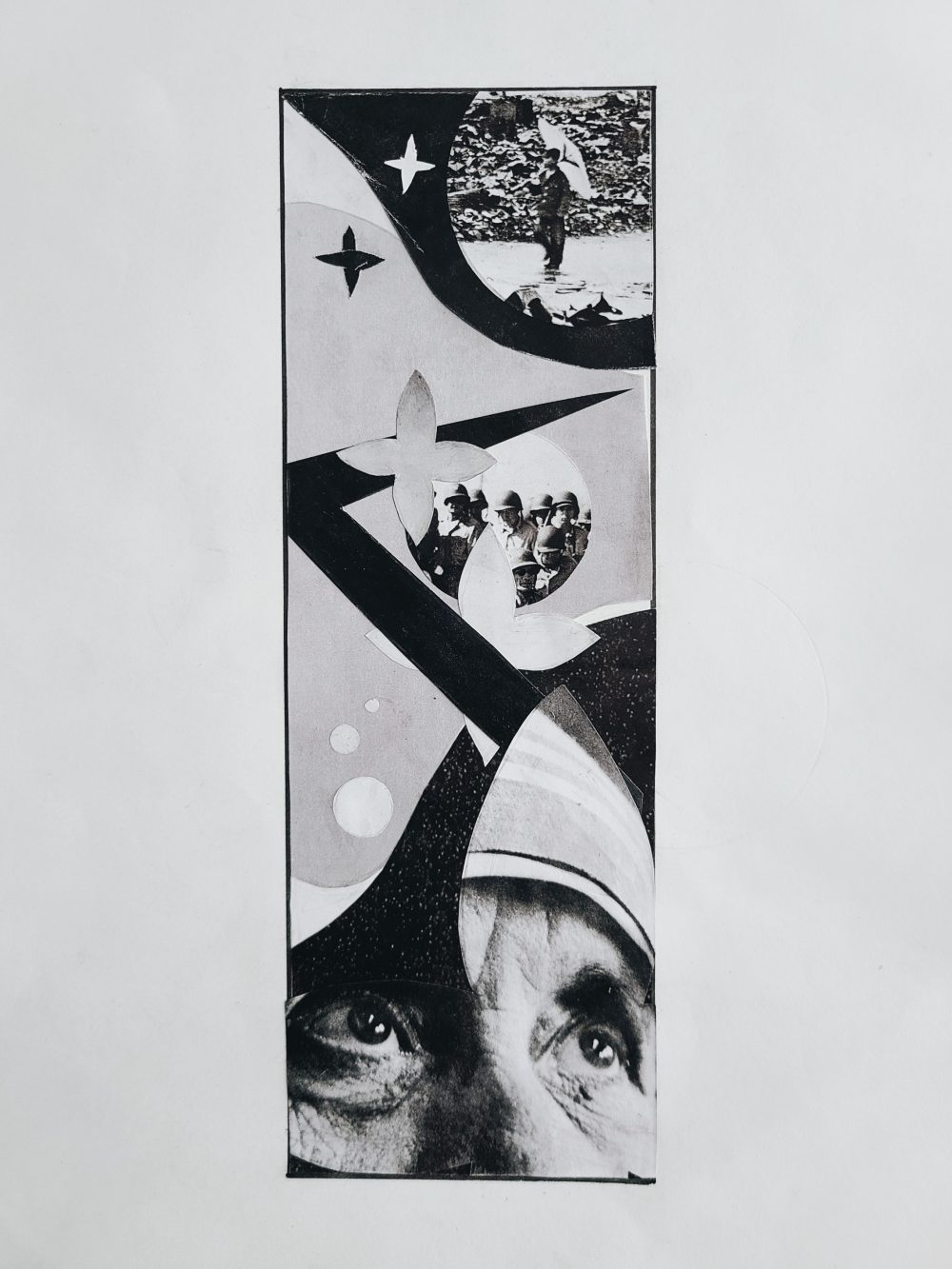 A collage with geometric and freeform figures using magazine paper in black, white, and grey, with three found images. The found images show the aftermath of Hiroshima, American soldiers, and Mother Teresa.