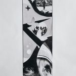 A collage with geometric and freeform figures using magazine paper in black, white, and grey, with three found images. The found images show the aftermath of Hiroshima, American soldiers, and Mother Teresa.