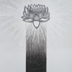 A black and white mixed media drawing of a lotus flower breaking free from the confinement of a box with light rays radiating from the center of the flower.