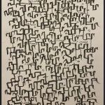 A series of interconnected lines, forming disjointed squares and boxes, which contain the words “it dreamed” repeated several times. Under this, the words “of shelter…” are written once.