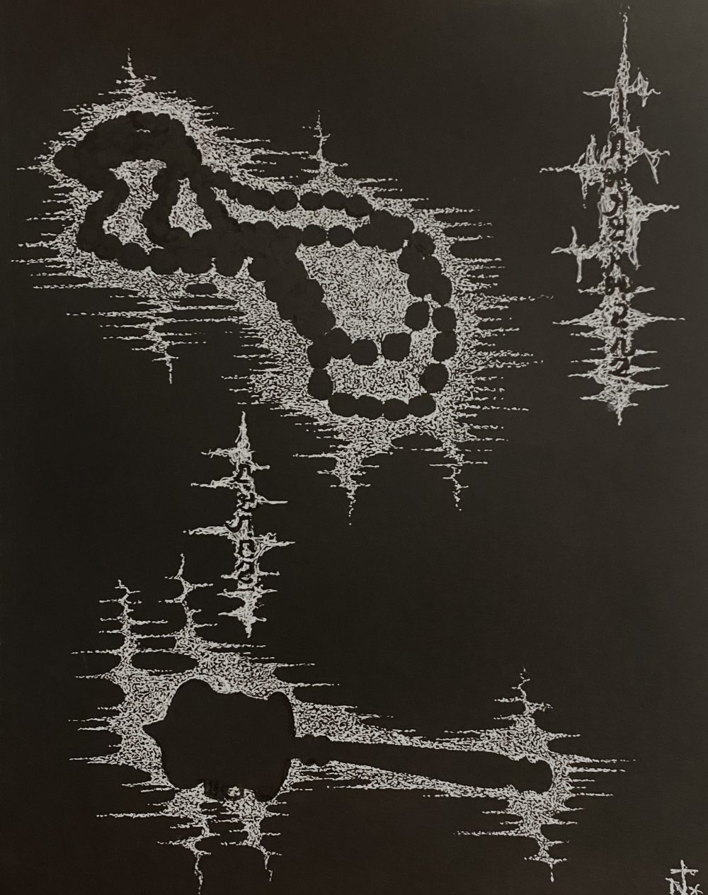 Two objects in negative space– a Buddhist prayer wheel and prayer bead necklace, on black paper, surrounded by a mass of white stippling; and two smaller clouds, containing Tibetan script, saying “the strength of life is unknown.”