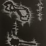 Two objects in negative space– a Buddhist prayer wheel and prayer bead necklace, on black paper, surrounded by a mass of white stippling; and two smaller clouds, containing Tibetan script, saying “the strength of life is unknown.”