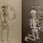 " Two panels-- one (left) on white paper, dimly lit, showing a standing figure made of irregular, continuous, dark lines, and the words “vodka soda please?-- the other (right) on black paper, showing a kneeling figure made of similar continuous light-toned lines, and the words “someone’s hands… why these hands? sorry… I’m sorry… not ready… yet…” "