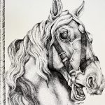 A black and white drawing comprised of tiny dots that creates the images of a realistic looking carousel horse. It is seen from the head up, and seems to be caught in the midst of a fierce neigh, or in a moment of exasperation.