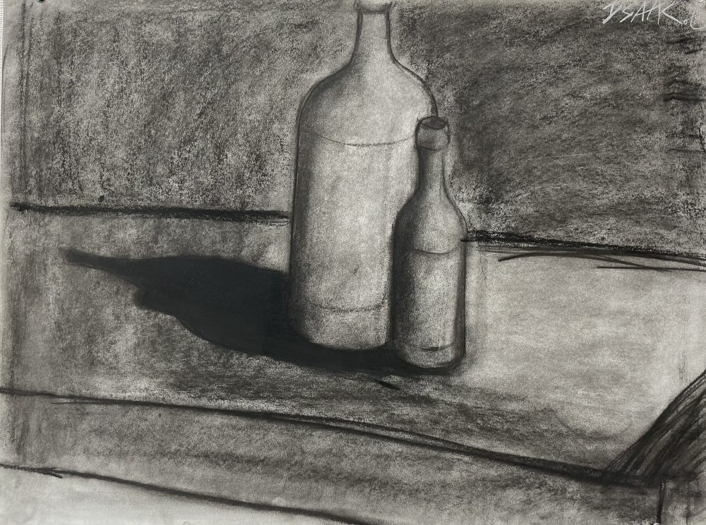 Two bottles overlapping with a extremely dark shadow being cast by both.