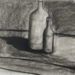 Two bottles overlapping with a extremely dark shadow being cast by both.