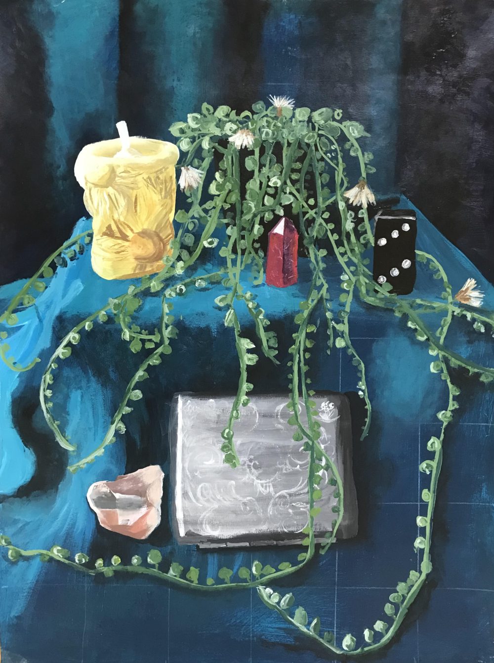 A still life acrylic painting with a dark teal background representing drapery. Central to the image is an altar with a bright yellow candle on the left with carved flowers, in the center is a string of pearls plant whose tendrils lay over the entirety of the alter. In front of the plant is a small pink prism stone. To the right of the plant is a number 6 domino piece. The bottom of the altar features an antique silver cigarette case, to the left of the cigarette case is citrine stone.