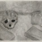 A drawing in charcoal, grey and dark colors. Two box shapes in the front of the image, a skull in the foreground and a coral shaped in the background.