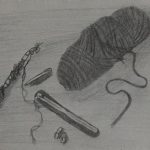 A drawing in grey and darker colors, light grey, dark grey and black. Tiny hooks in the front of the drawing, a hook needle and yarn in the foreground, and a nig yarn ball in the background.