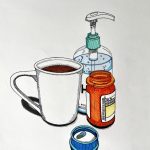 Drawing on white paper of a bottle of hand sanitizer, a cup of coffee, a pill bottle with the cap off, and a pill sitting in the cap of the bottle.