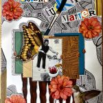 Magazine cut outs of flowers, a hummingbird, a woman watering her outdoor toilet garden, a bumblebee, picture frame corners, and lettering above in various fonts and colors reading, "It Doesn't Fucking Matter". Hand drawn lines and dots bring the pieces together.