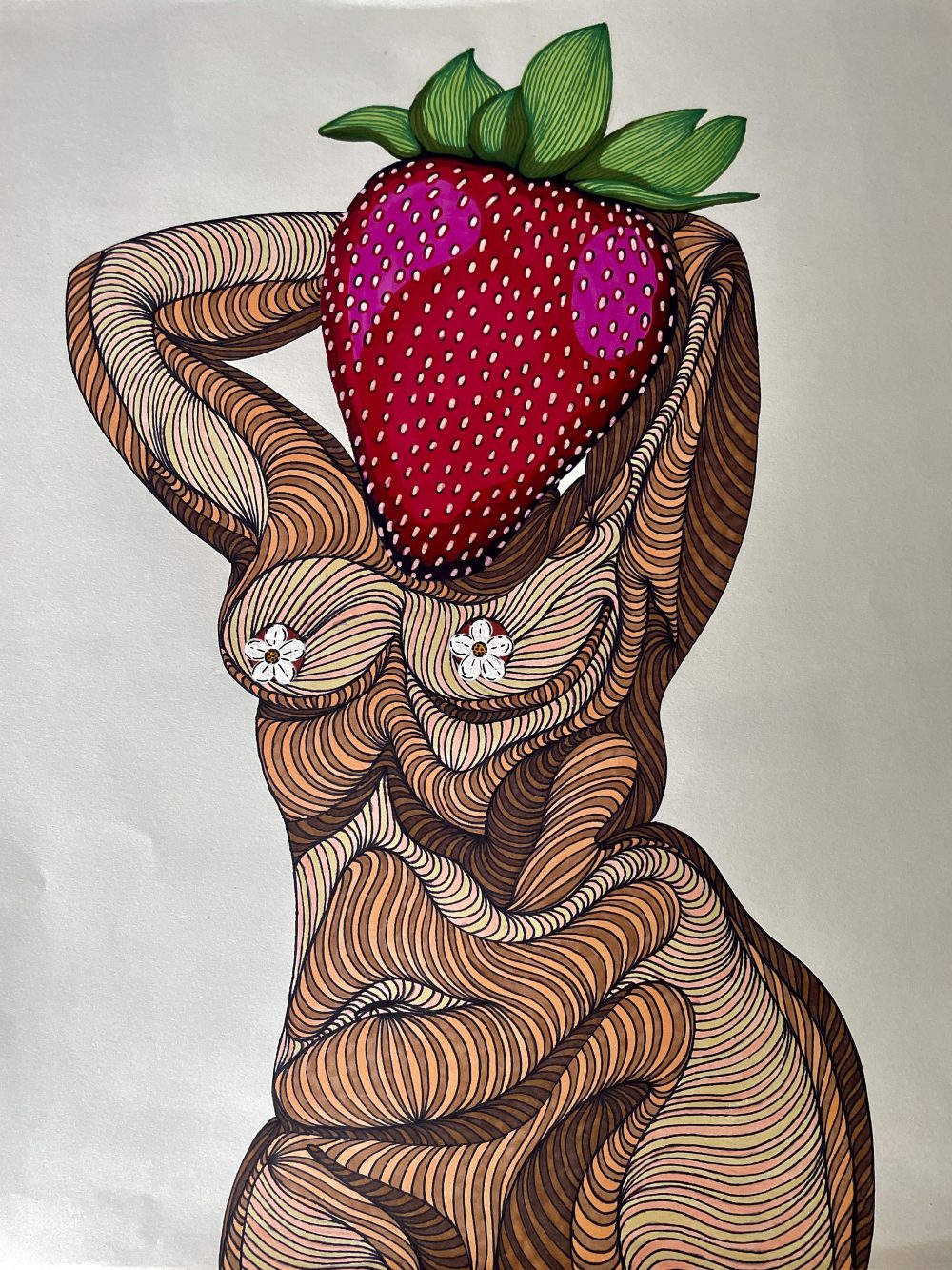 Woman's body in a confident pose with a strawberry as her head.
