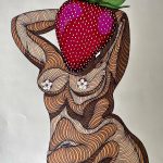 Woman's body in a confident pose with a strawberry as her head.