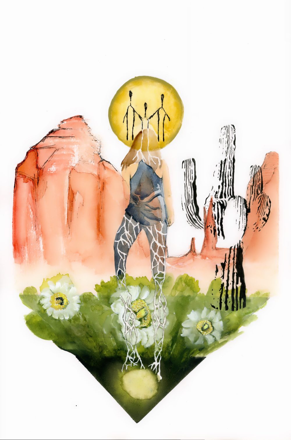 A colorful drawing depicting a rocky landscape, a cactus and a field of flowers. The figure of a woman is in the center. There is a yellow globe over her head featuring three stick figures. White veins descend from the globe down her body.