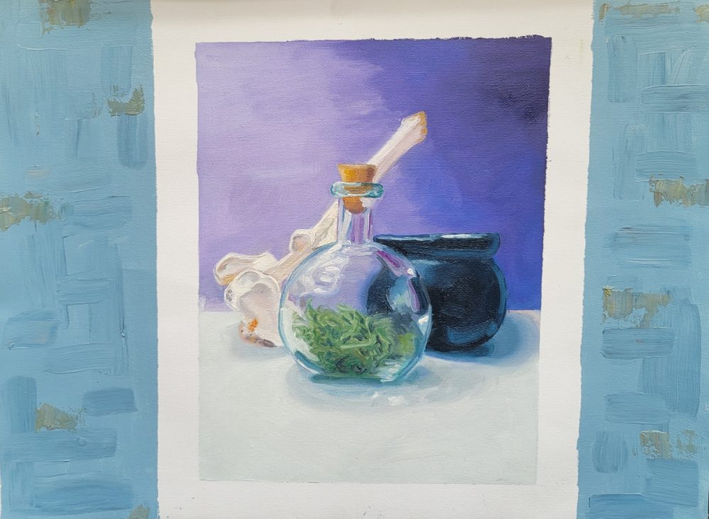 An oil painting of a still life featuring three objects, an animal bone, a cauldron, and a glass bottle containing herbs atop a table with a purple background.