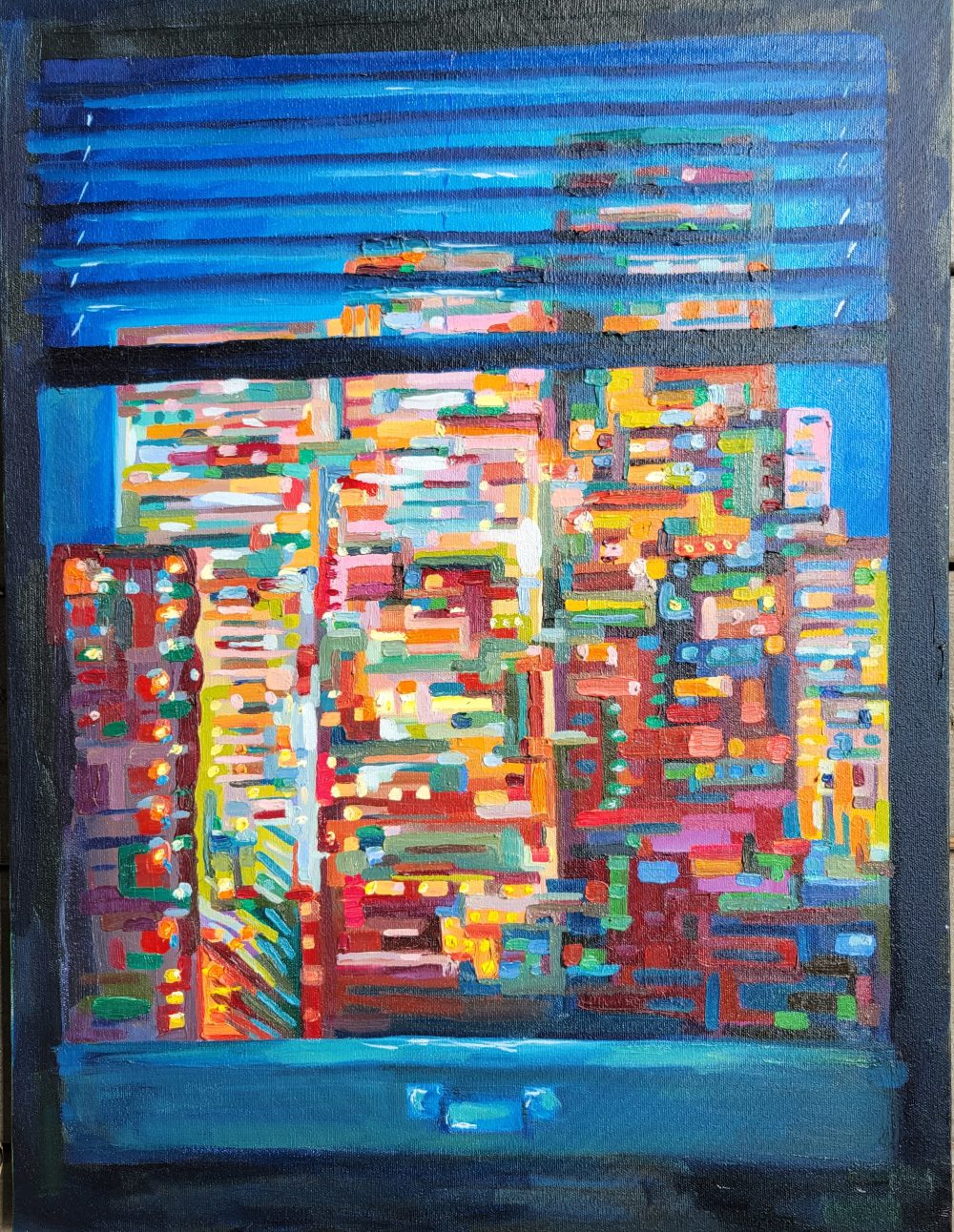 An oil painting of a city scape at night through the perspective of a window. I experimented with more abstract shapes and colors with accentuated brush strokes, creating a sense of dreaminess as if someone who had just woken up and hadn't yet wiped the sleep from their eyes peering through their window.