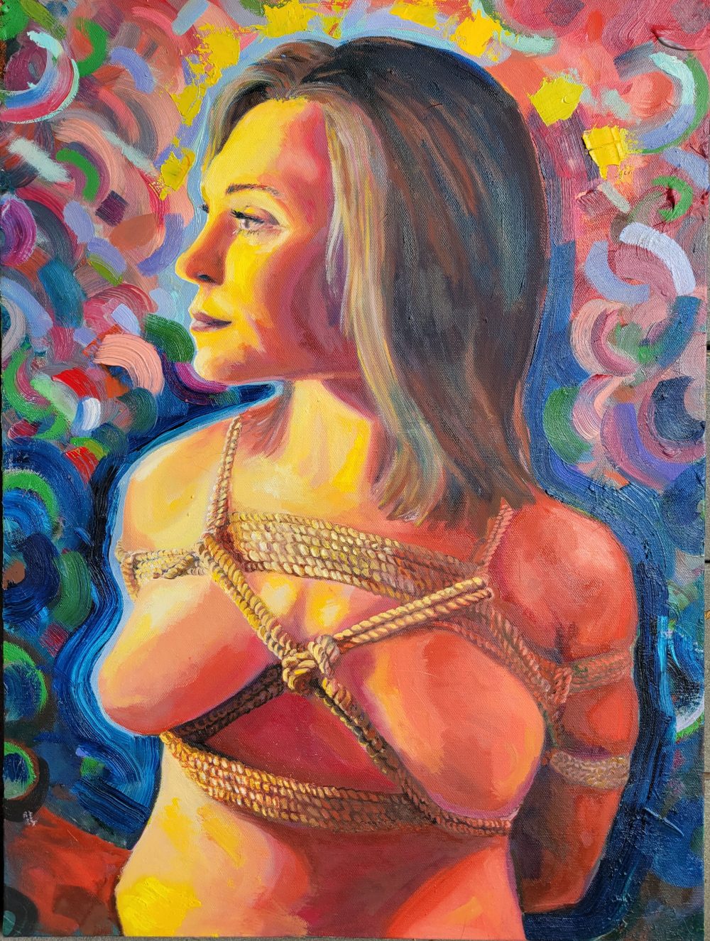 An oil painting portrait with bright yellow lighting illuminating a young women tied in a decorative and mildly constricting shibari chest harness, she looks away from the viewer her tied chest prominently facing the onlooker.