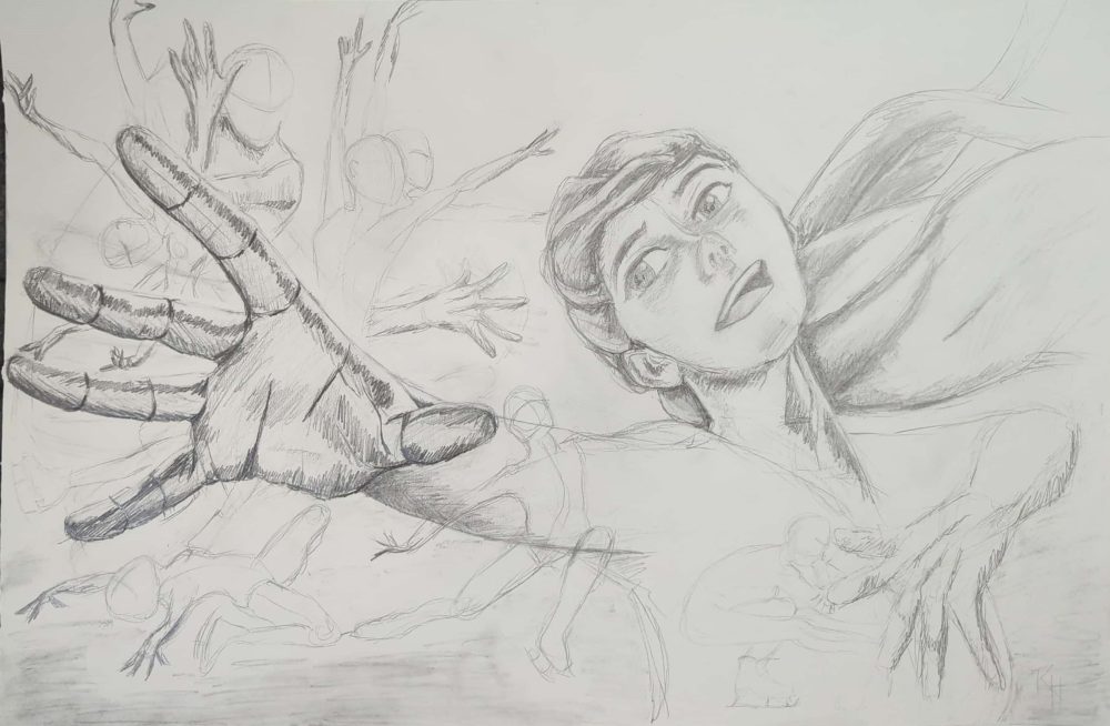 A black and white drawing of a figure skater and her memories surrounding her.