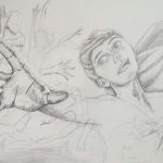 A black and white drawing of a figure skater and her memories surrounding her.