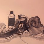 A still life drawing of some random objects in the corner of my room which include, a water bottle, some books, my shoes and a beanie.