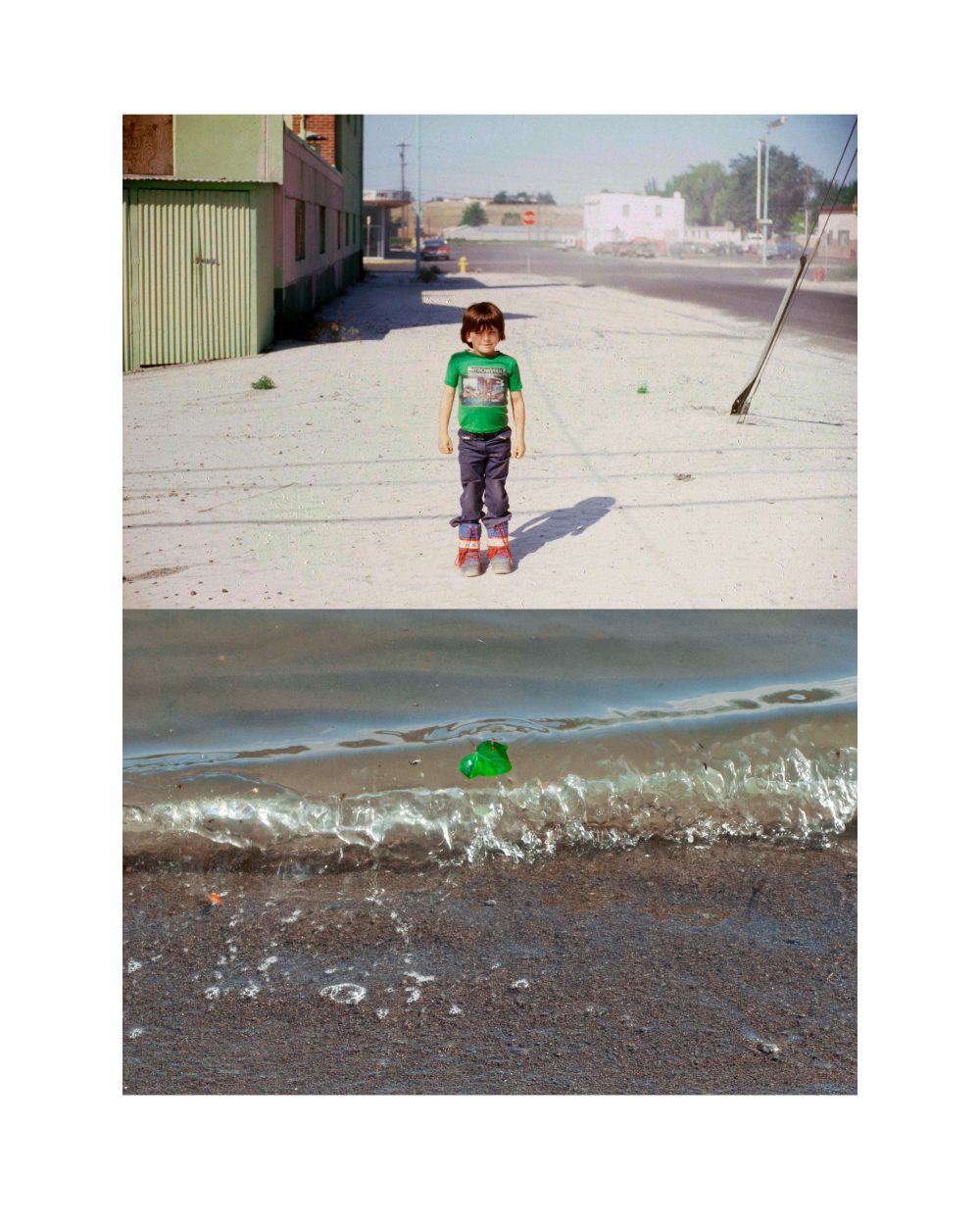 It's a diptych with a boy in a green shirt standing in an ashen parking lot up top, and a wave with a green leaf suspended in it below.