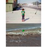 It's a diptych with a boy in a green shirt standing in an ashen parking lot up top, and a wave with a green leaf suspended in it below.