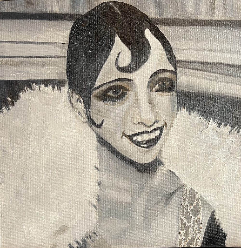 Black and white painting of Josephine Baker smiling wearing white fur and a beaded dress, seen only by its strap. She has a 20s style finger wave with a single curl in the center of her forehead. Her eyes are dark with coal makeup and her lips are very dark as well in a theatrical style makeup for stage.