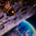 Digital photograph of astronaut hovering above the earth.
