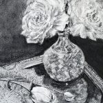 A charcoal drawing featuring a silver tray containing a faceted glass vase with three roses in full bloom and two rosebuds placed on a lace doily against a dark background.
