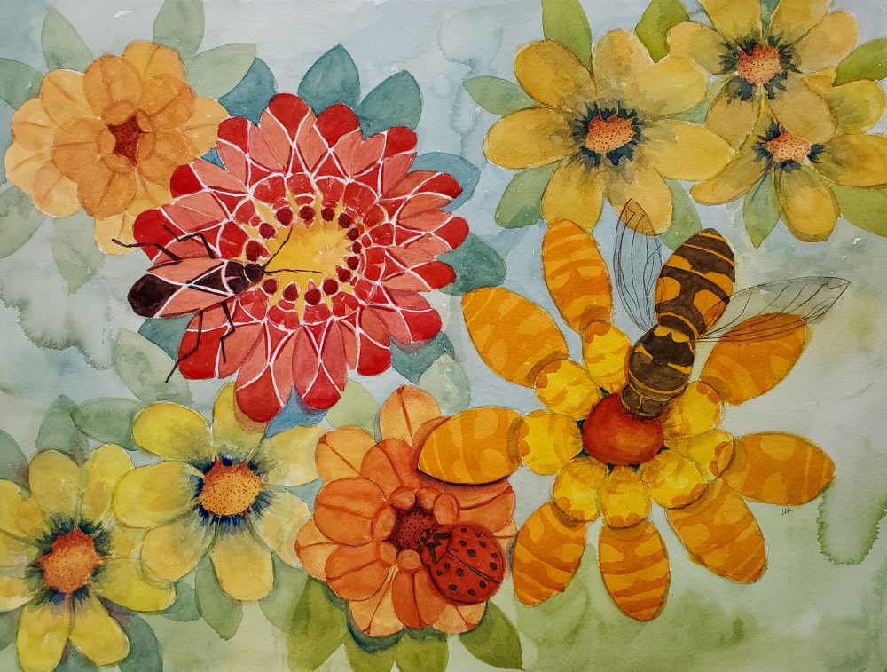 A top-down view of an imaginary field of flowers showing a yellow jacket, box beetle, and ladybug.The flowers in orange, red, yellow, and gold are on a green background.